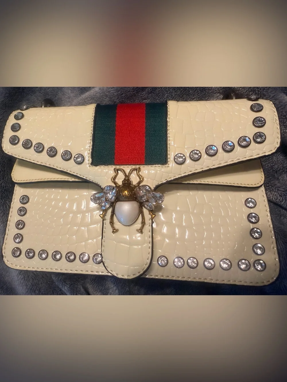 Cream Shoulder Bag with Green-Red Stripe and Decorative Bee Accent, Like New